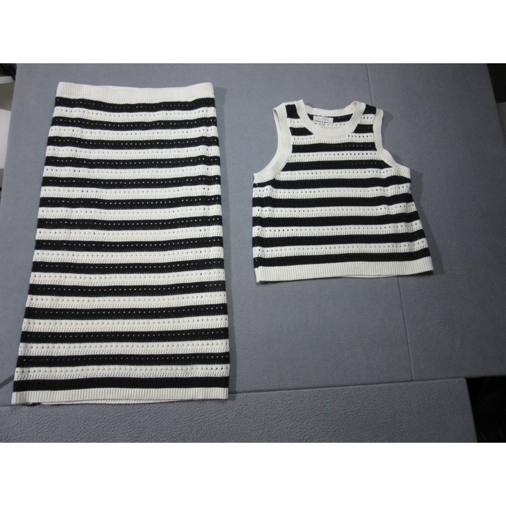 Casa Cabana Knit Set Women XL White Black Striped Vest Midi Skirt Ribbed Retro